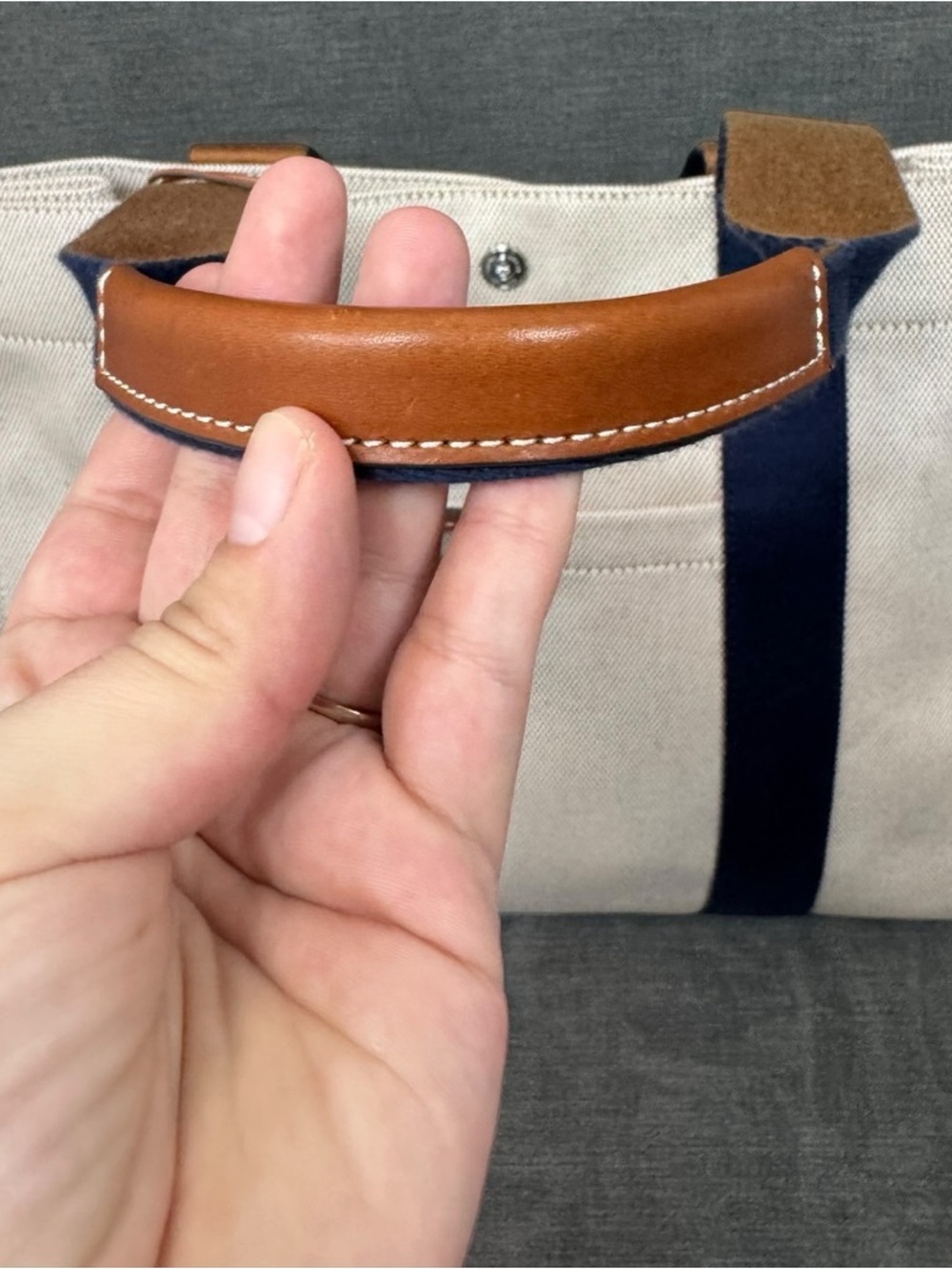 Tory Burch Tory Tote Bag Canvas Navy Stripes Leather Handles - Picture 2 of 16